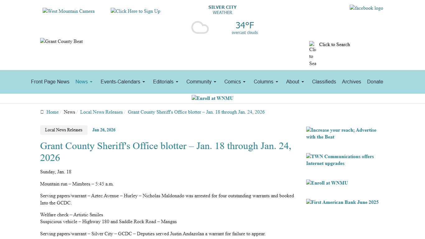 Grant County Sheriff's Office blotter – Jan. 18 through Jan. 24, 2026
