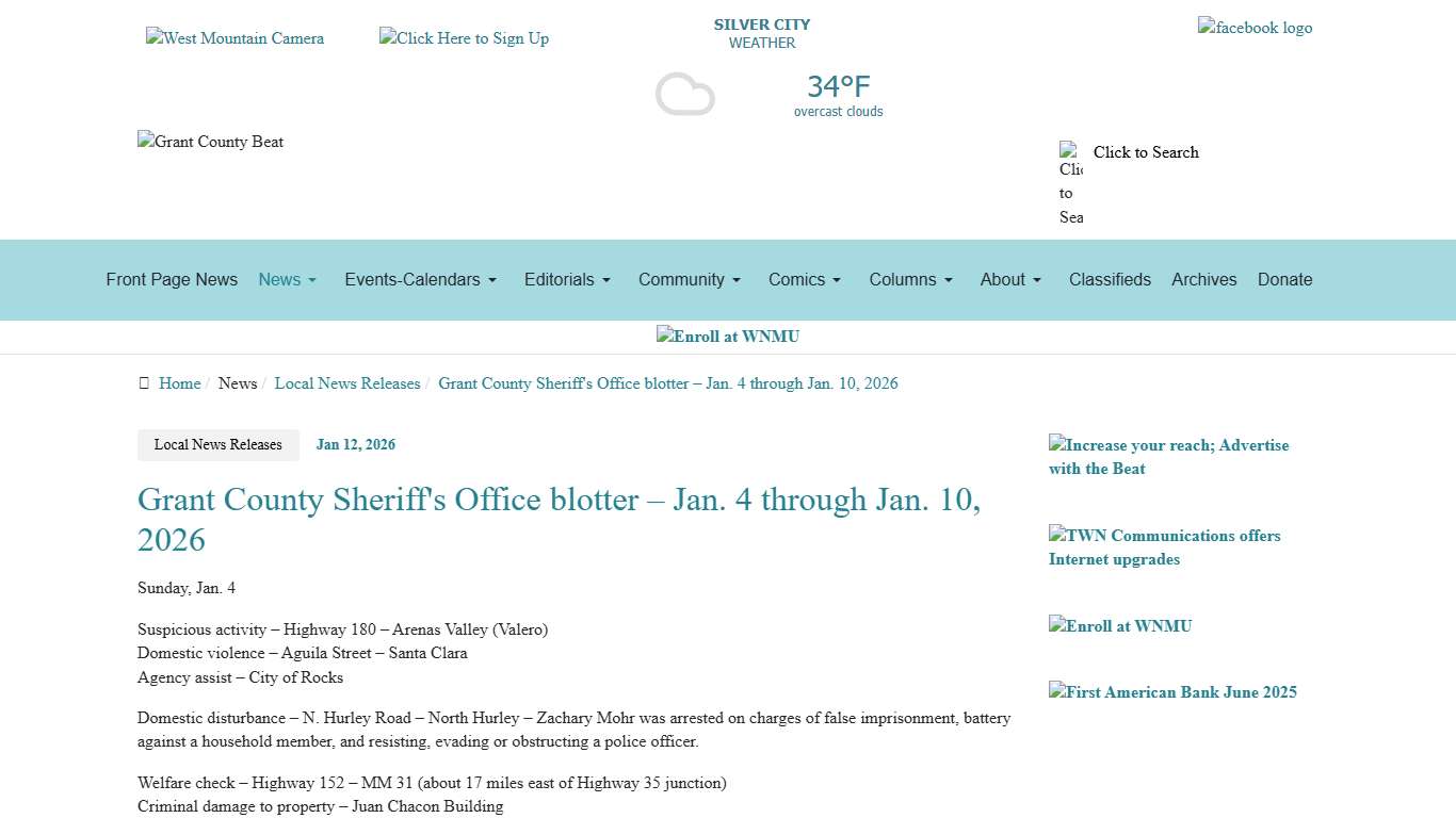 Grant County Sheriff's Office blotter – Jan. 4 through Jan. 10, 2026